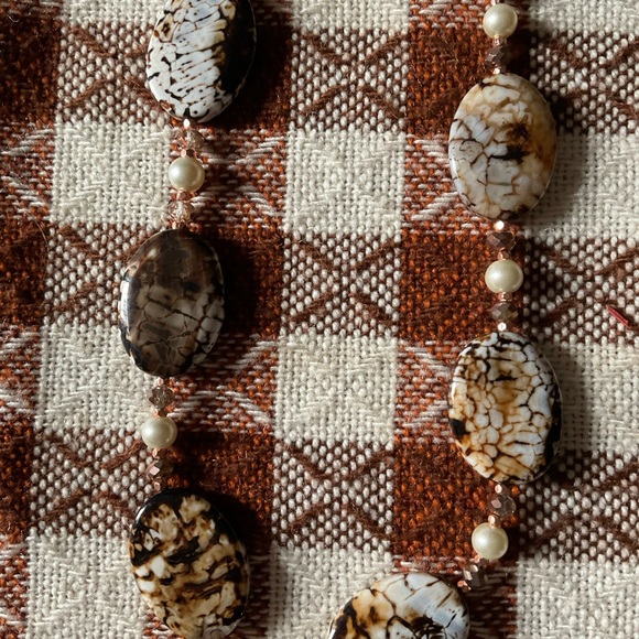 Jasper necklace. Handmade. Black, brown, white, gold. 25.5 inches long. - Picture 5 of 9